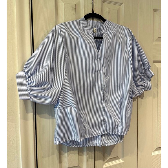 Blue & White Stripe Puff Sleeve Button Down Back Notch Collar Blouse - Picture 2 of 12